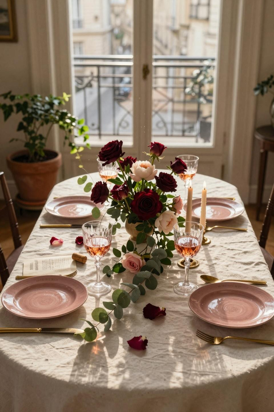 Valentines table decor with low floral arrangement and scattered petals
