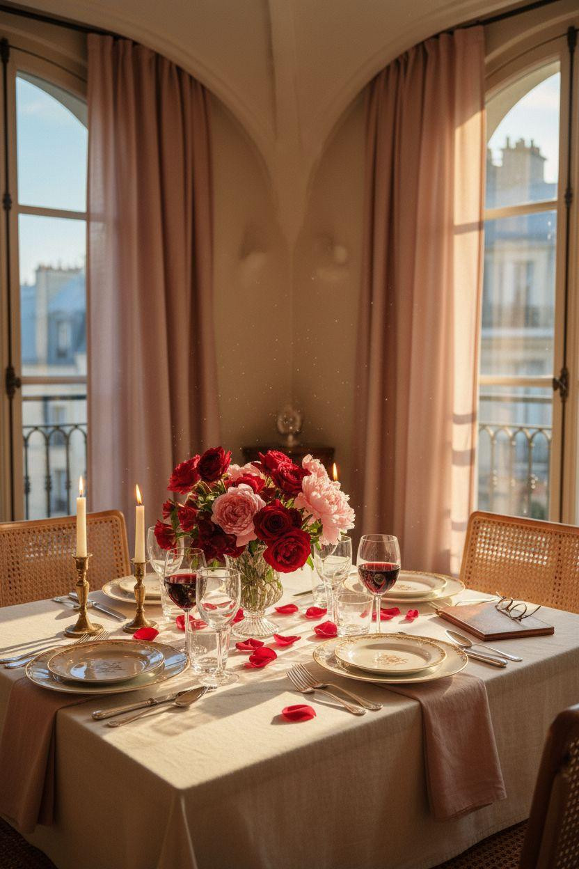 Valentine's table decor - dinner ideas with marble table and petals