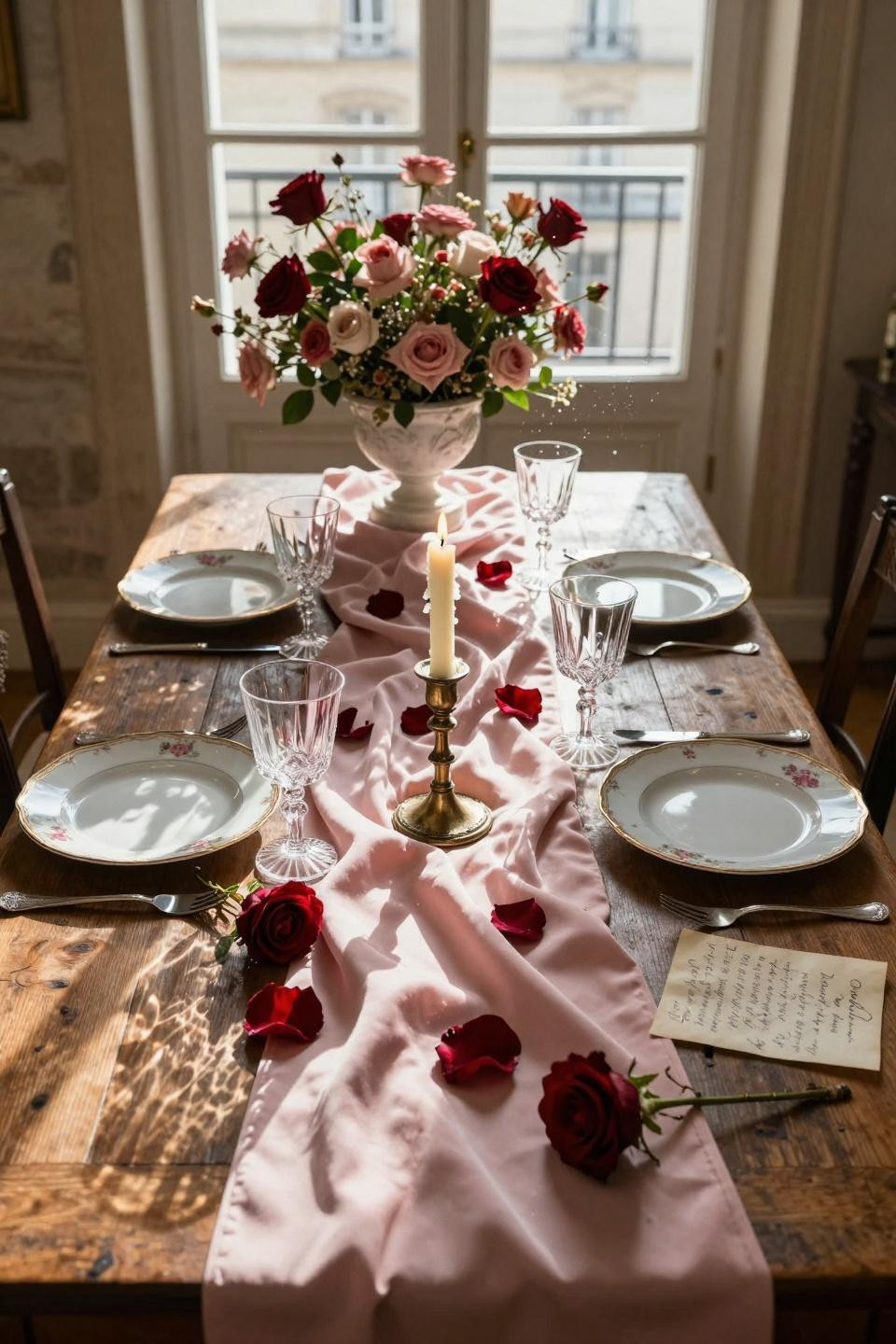Valentines table decor featuring raw silk table runner and brass candlesticks