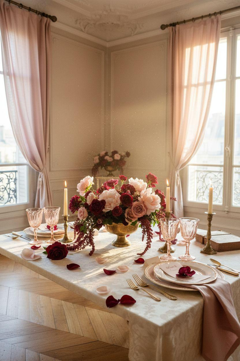 Valentine's table decor - pink table with silk and florals