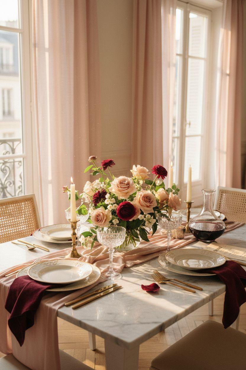 Valentine's table decor - airy tablescape with natural lighting