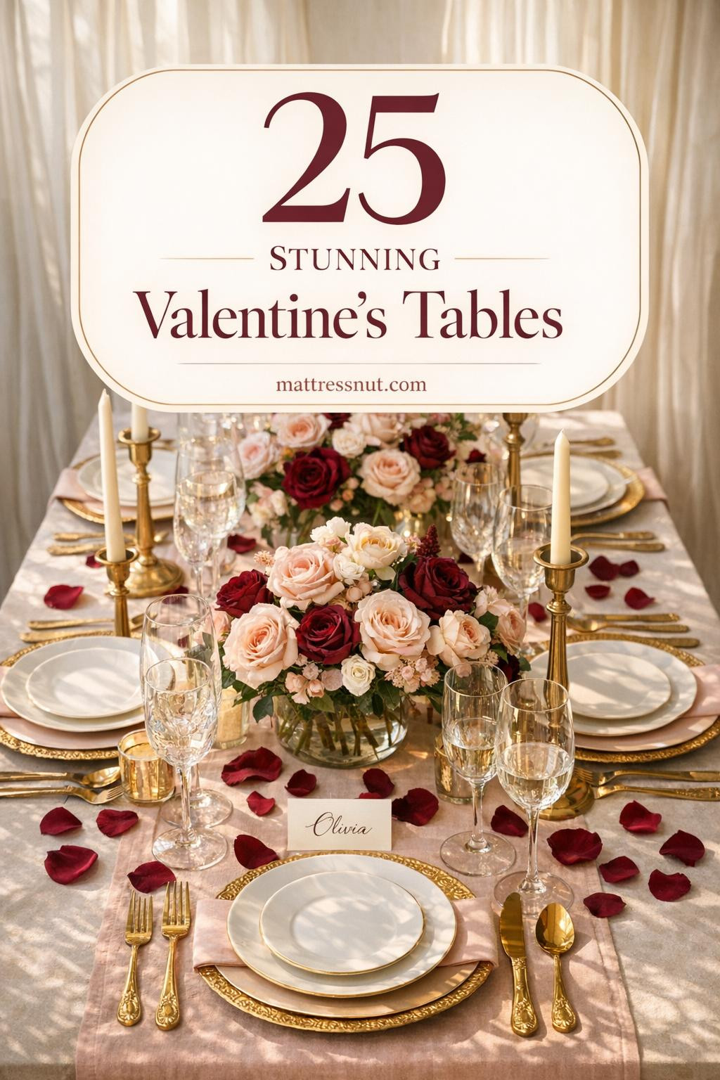 Overhead view of elegant Valentine's dinner table with blush runner, crystal glasses, burgundy roses, gold flatware, ivory candles