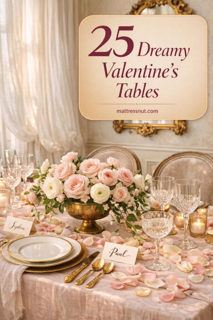 Elegant dining table with blush pink runner, gold-rimmed plates, crystal stemware, pale pink roses in brass bowl, champagne velvet chairs