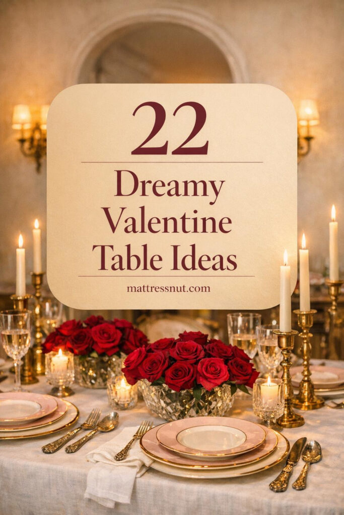 Elegant dining table with white linen, blush pink plates, gold chargers, crystal stemware, red roses, and brass candlesticks