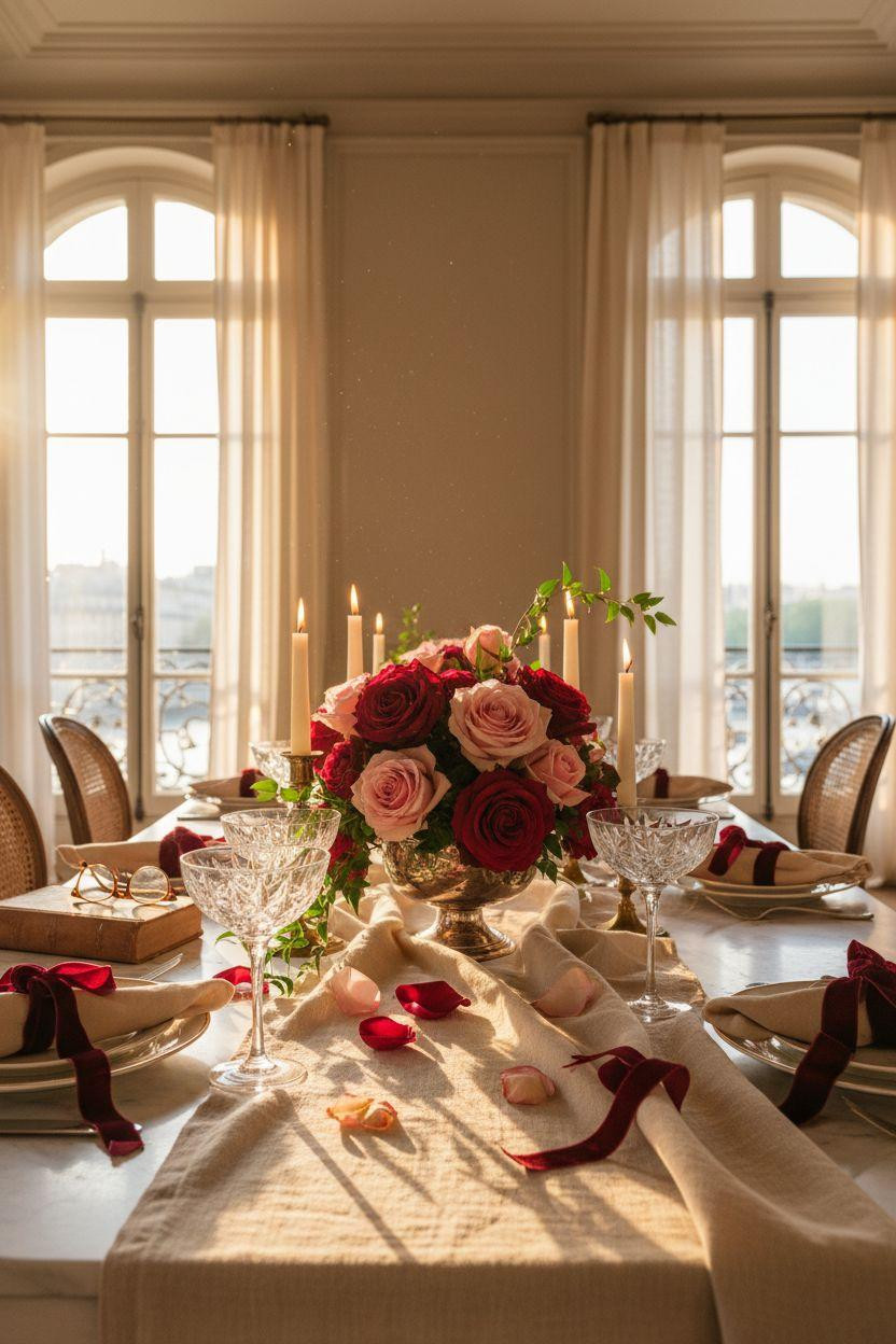 Valentine's table decor - layered tablescape with linen and flowers