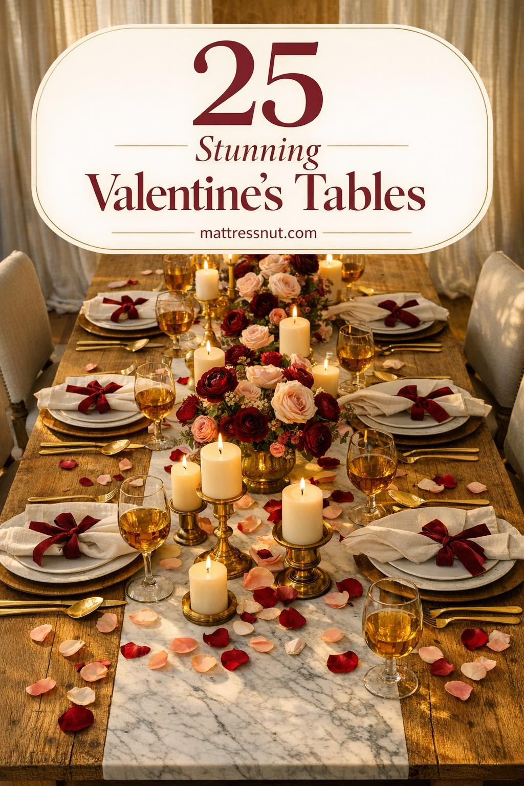 Overhead view of elegant Valentine's dining table with burgundy roses, brass candlesticks, cream linens, and amber glassware on white oak table