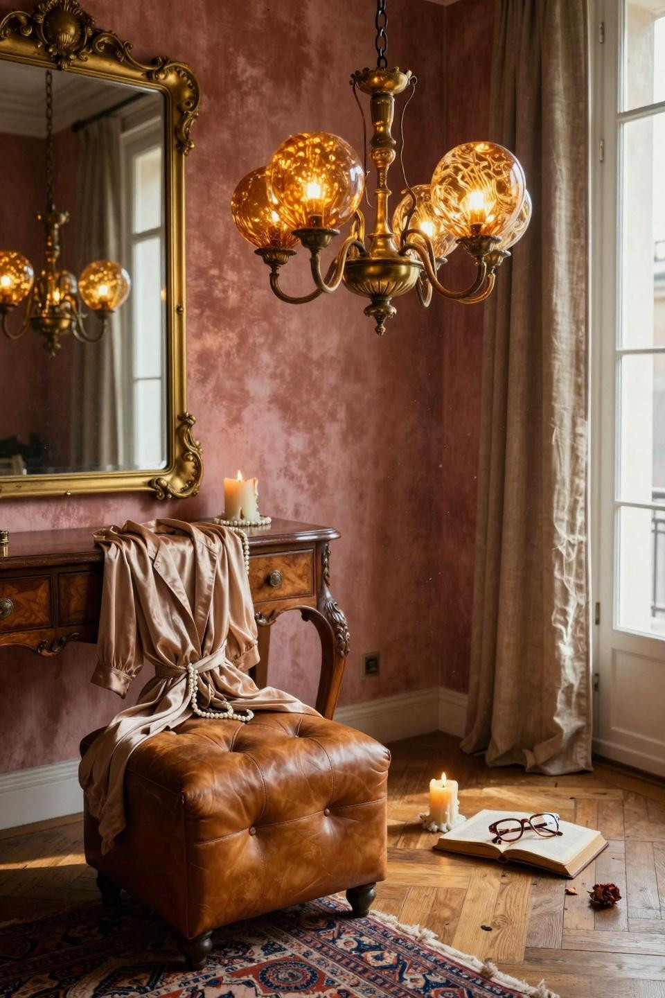 vintage dressing rooms - antique brass chandelier with hand-blown amber glass