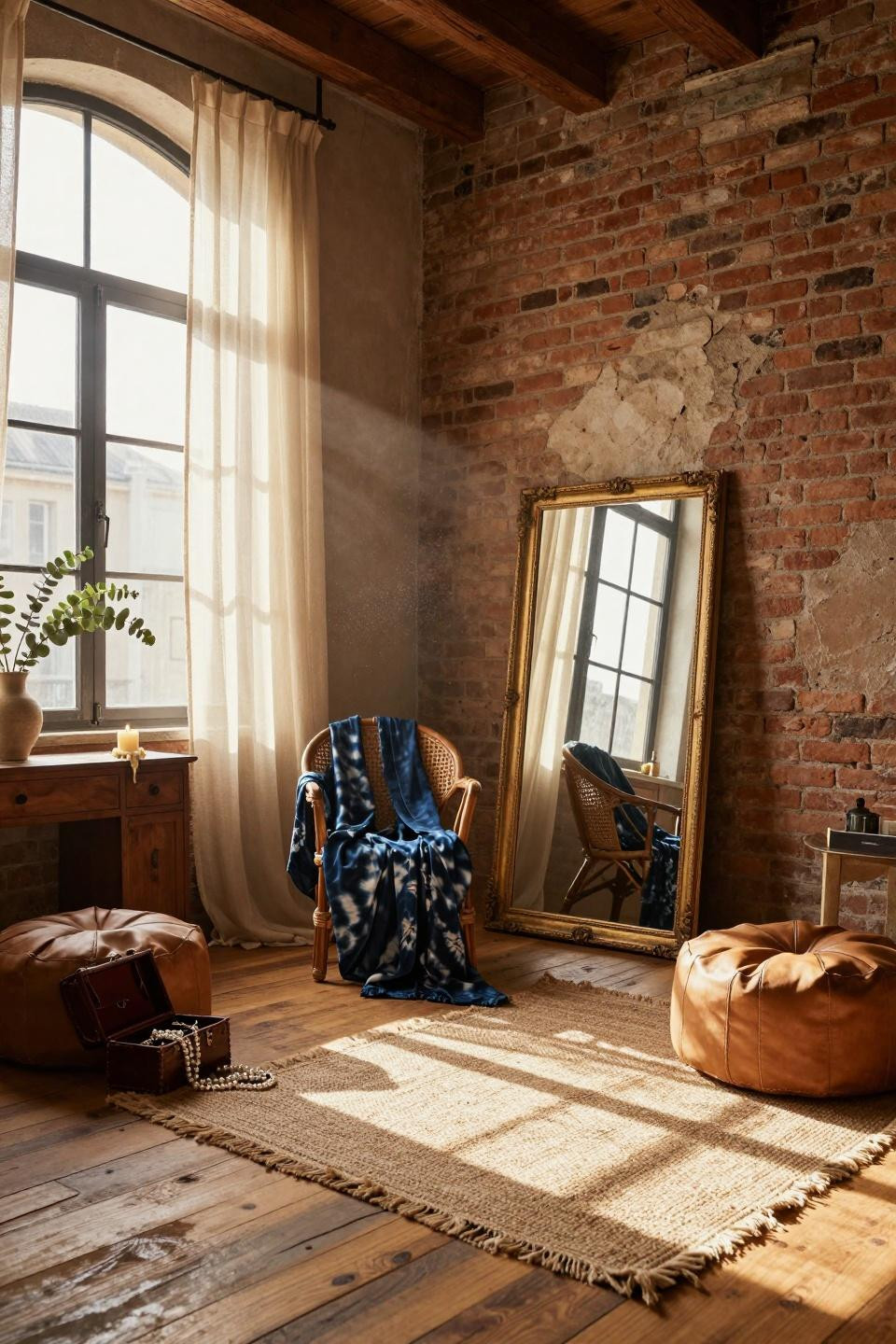 vintage dressing rooms - indigo textiles draped over rattan chair