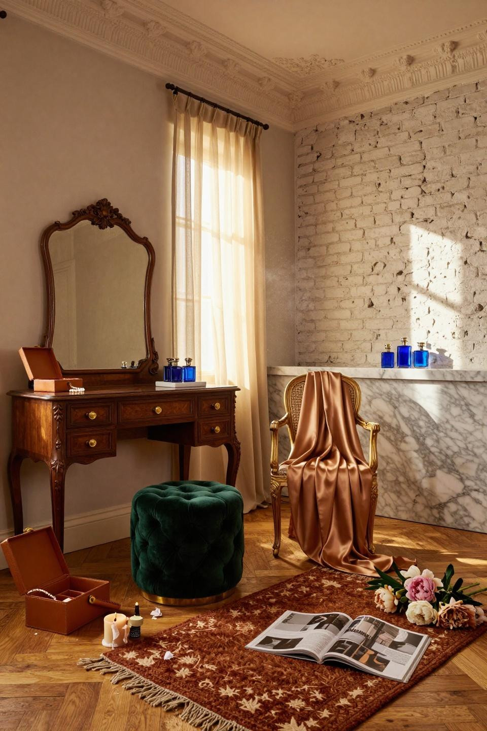 vintage dressing rooms - emerald velvet ottoman with French walnut vanity