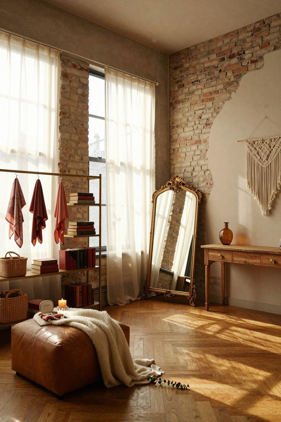 vintage dressing rooms - French gilt mirror propped against exposed brick