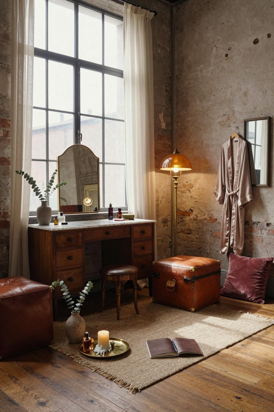 vintage dressing rooms - reclaimed oak floors with brass floor lamp