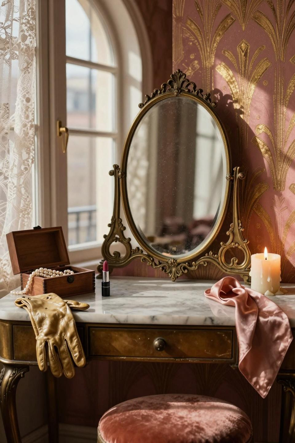 vintage dressing rooms - art deco wallpaper with brass vanity mirror