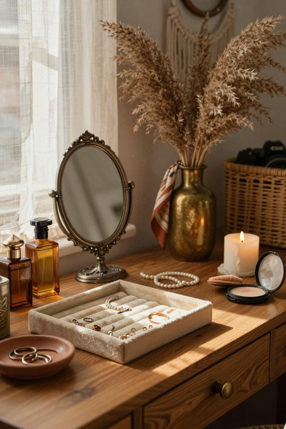 vintage dressing rooms - closeup of teak vanity with Victorian mirror