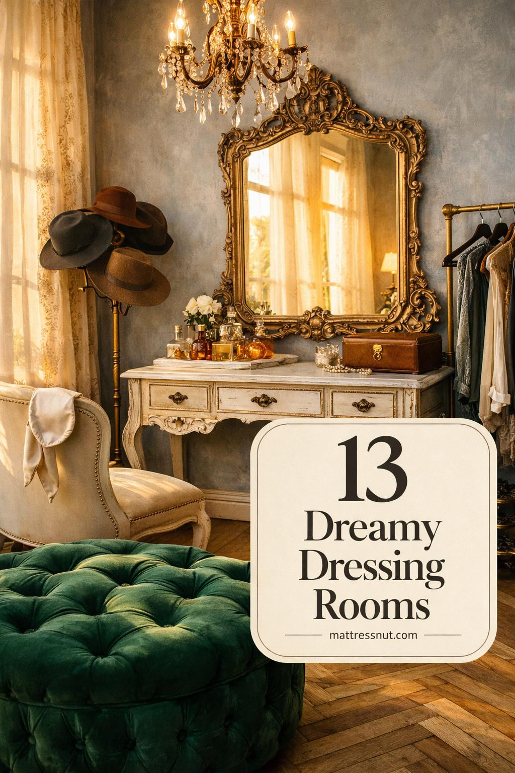 Elegant vintage dressing room featuring plush velvet seating, ornate mirrors, antique furniture, and soft lighting