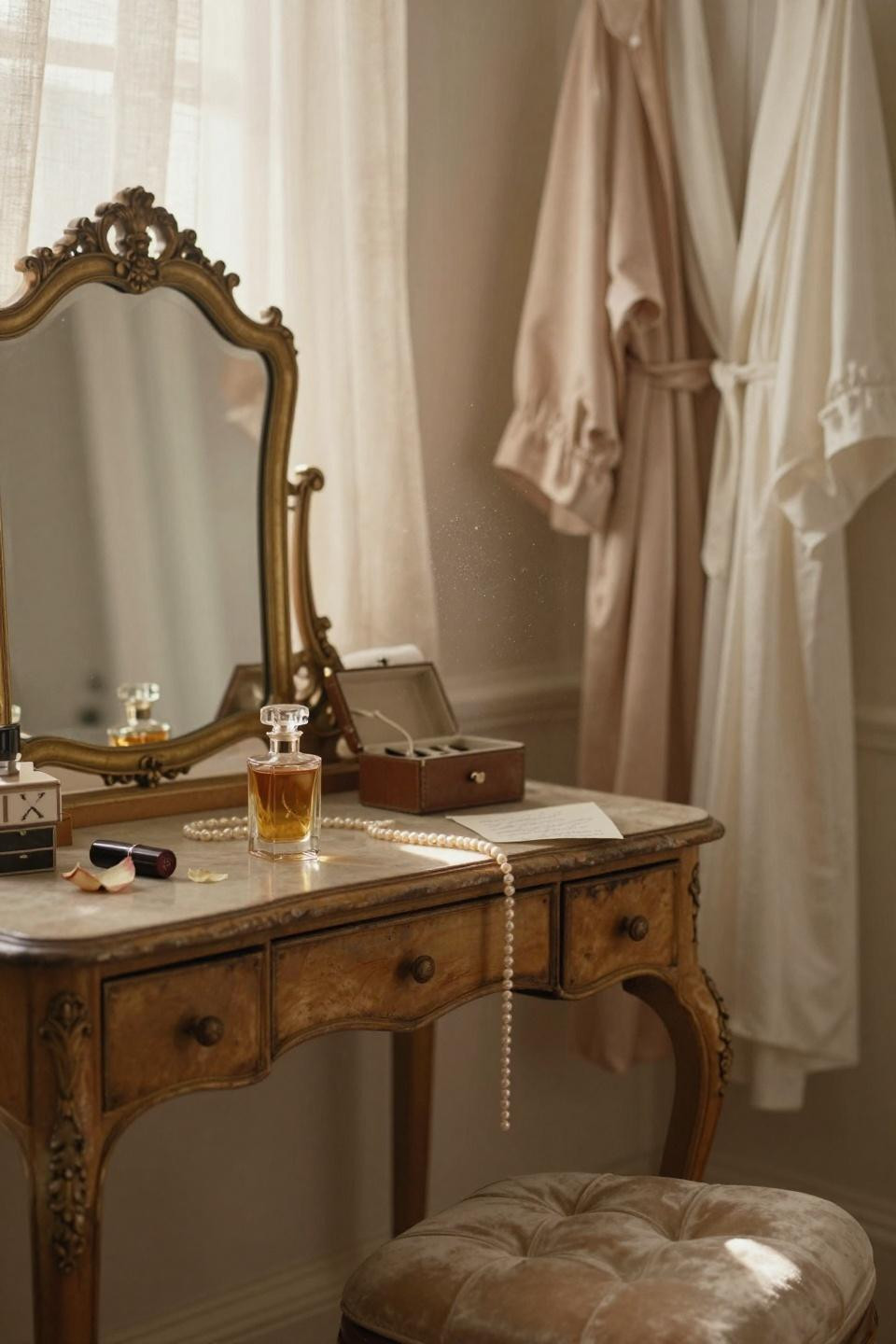 vintage dressing rooms - Victorian vanity with mercury glass mirror