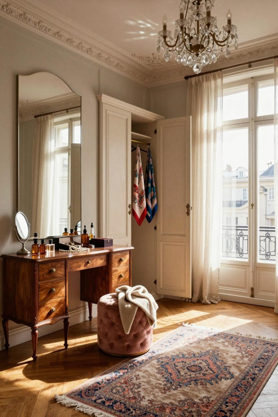 vintage dressing rooms - ornate crown molding with antique Persian runner