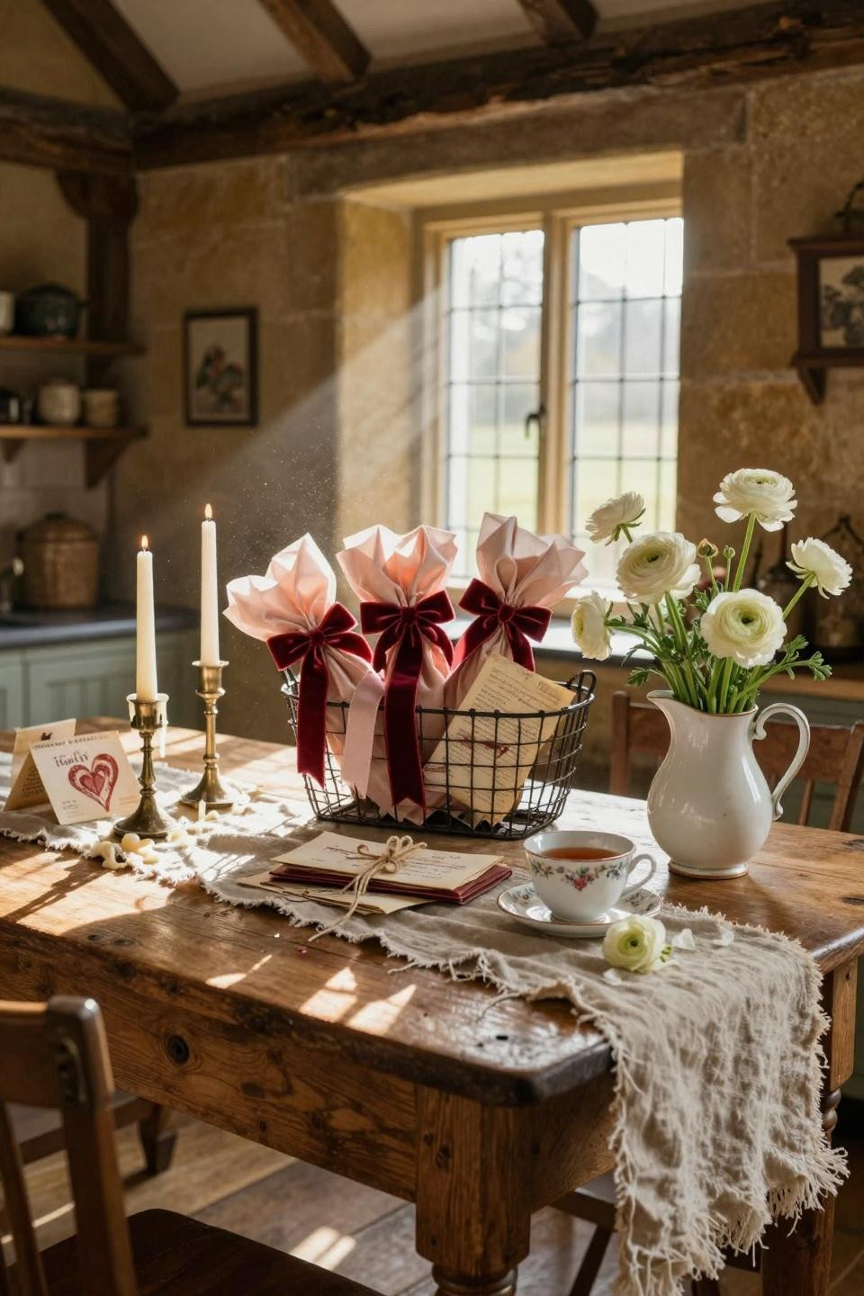 Valentines decorations for home with antique French wire basket