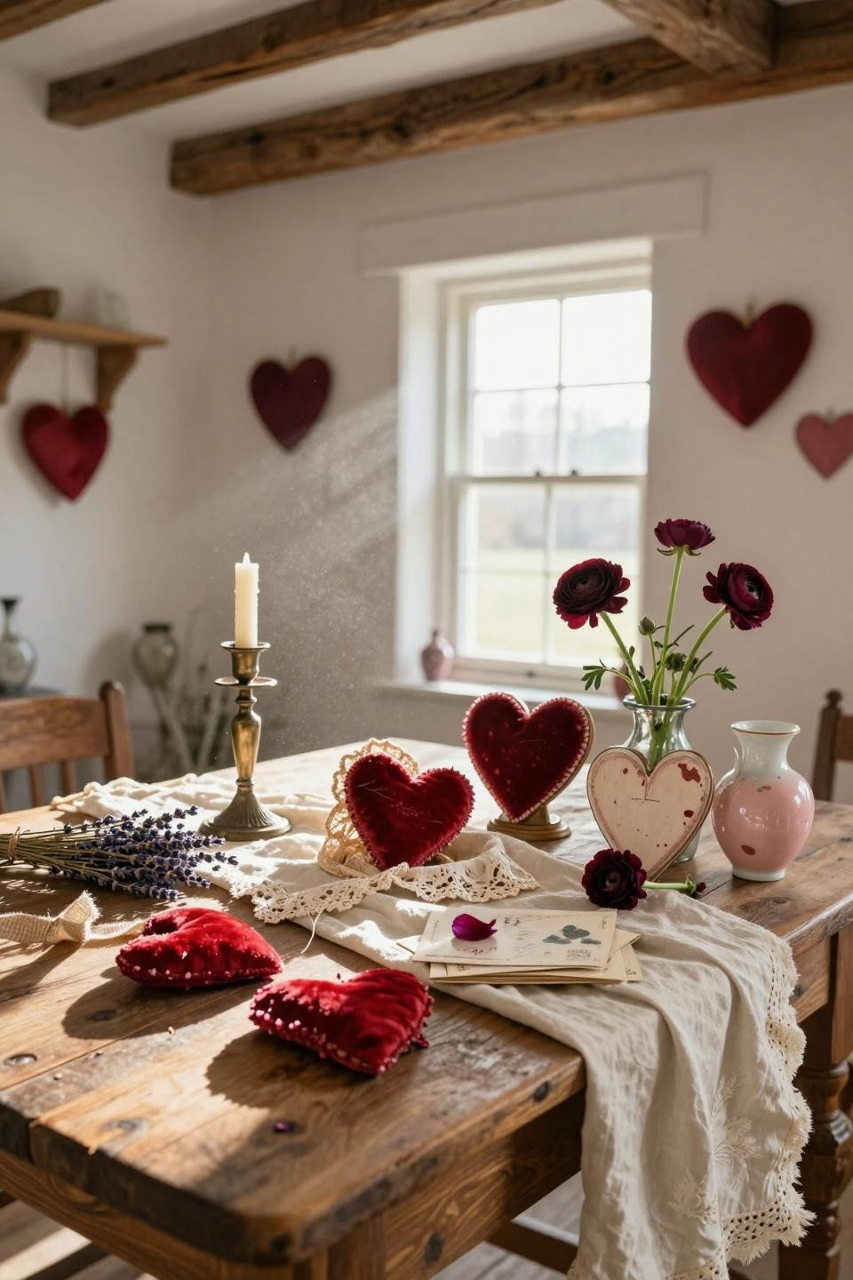 Vintage Valentines decorations on French farmhouse table