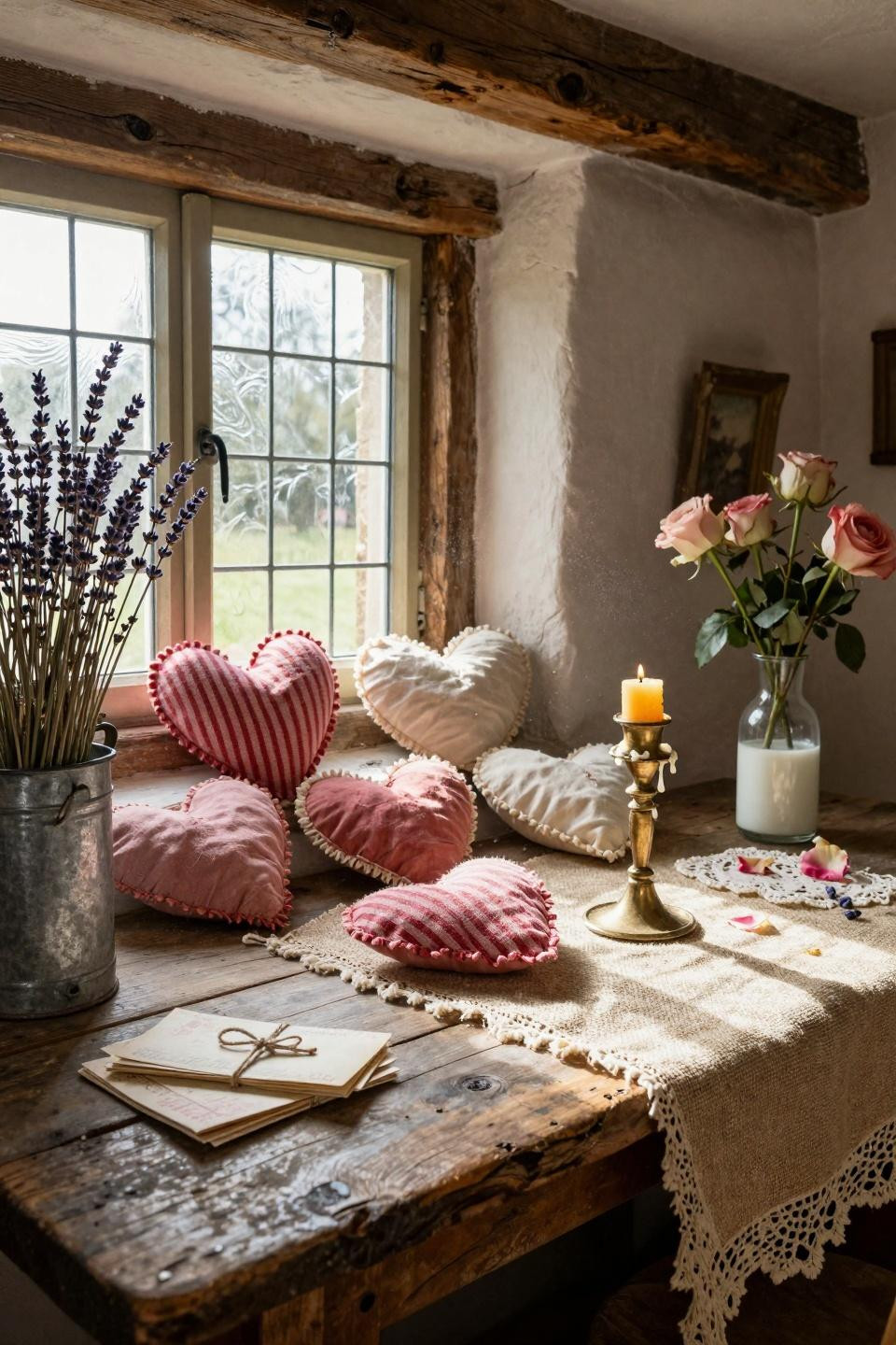 Vintage Valentines decorations on weathered workbench