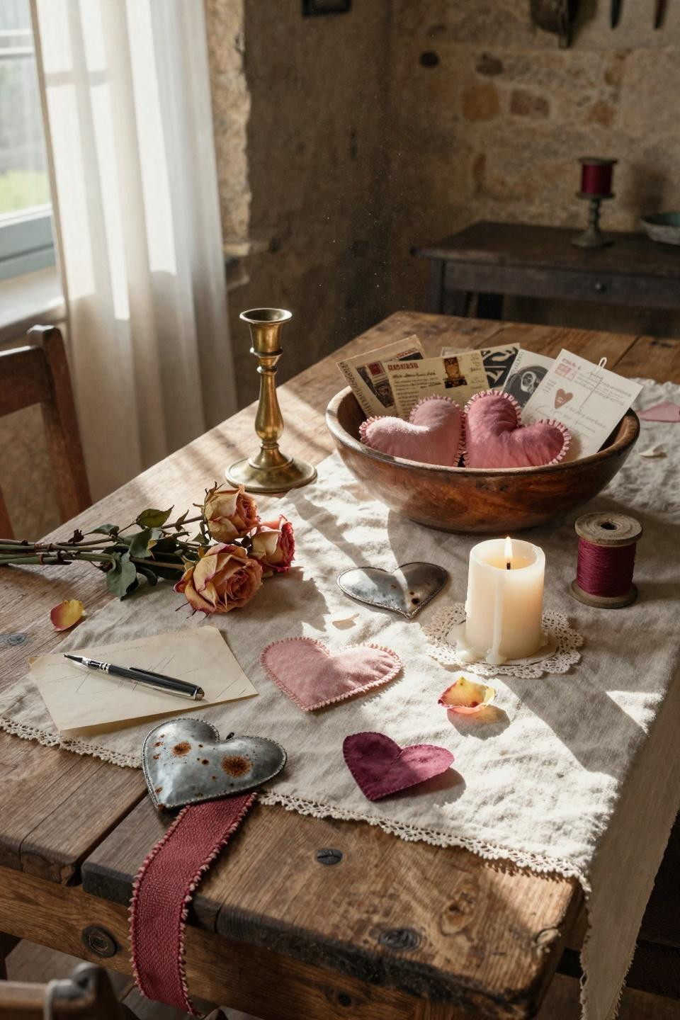 Vintage Valentines decorations with farmhouse table setting