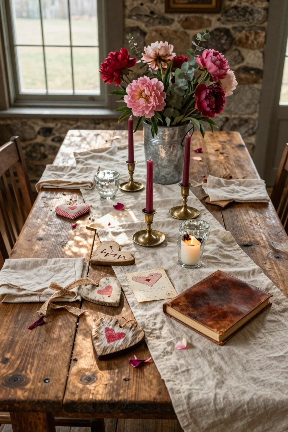 Vintage Valentines decorations on rustic dining table