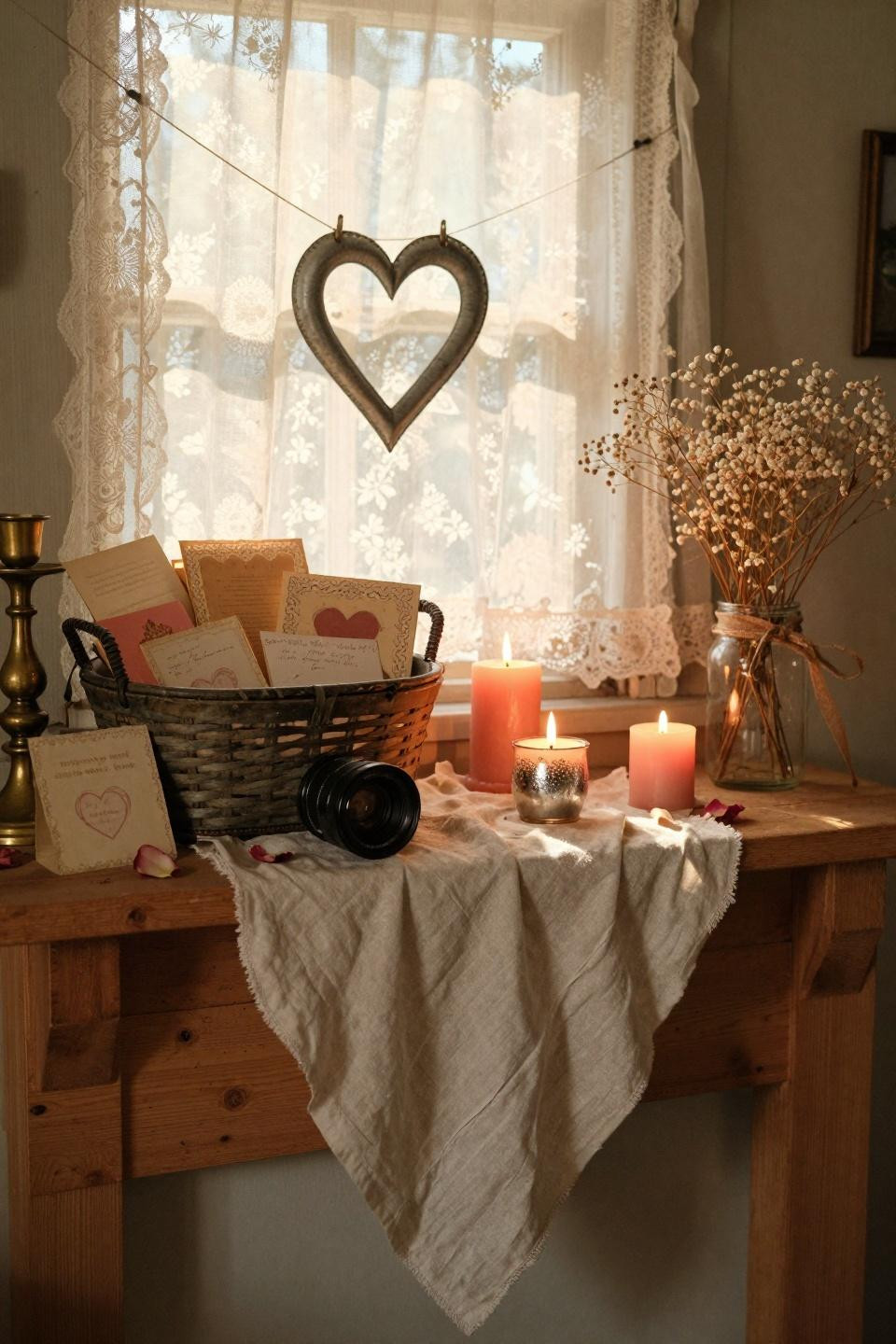 Vintage Valentines decorations in tobacco basket on mantel