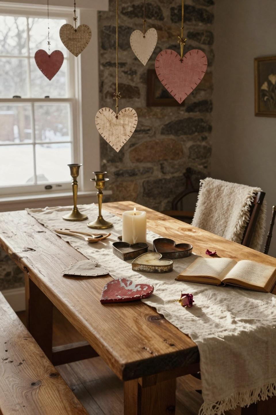 Vintage Valentines decorations with paper hearts on wire