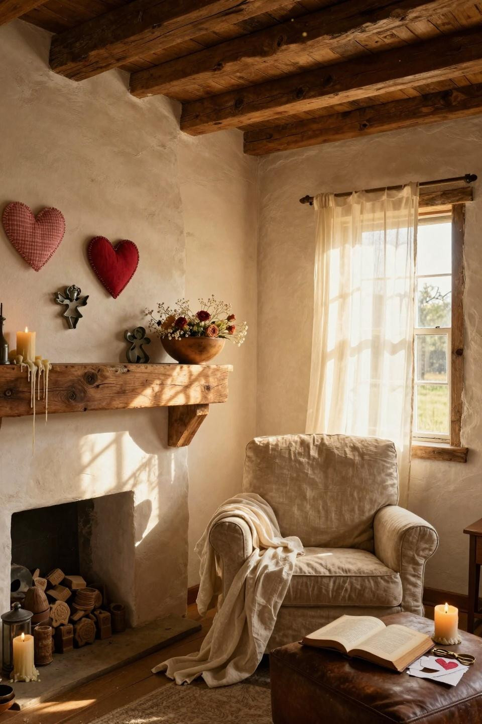 Vintage Valentines decorations on farmhouse mantel