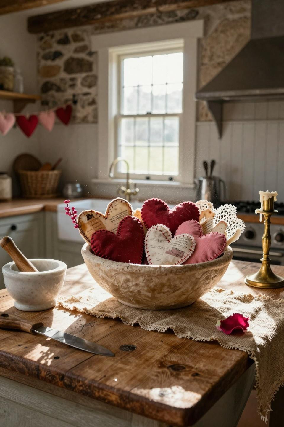 Vintage Valentines decorations on farmhouse kitchen island