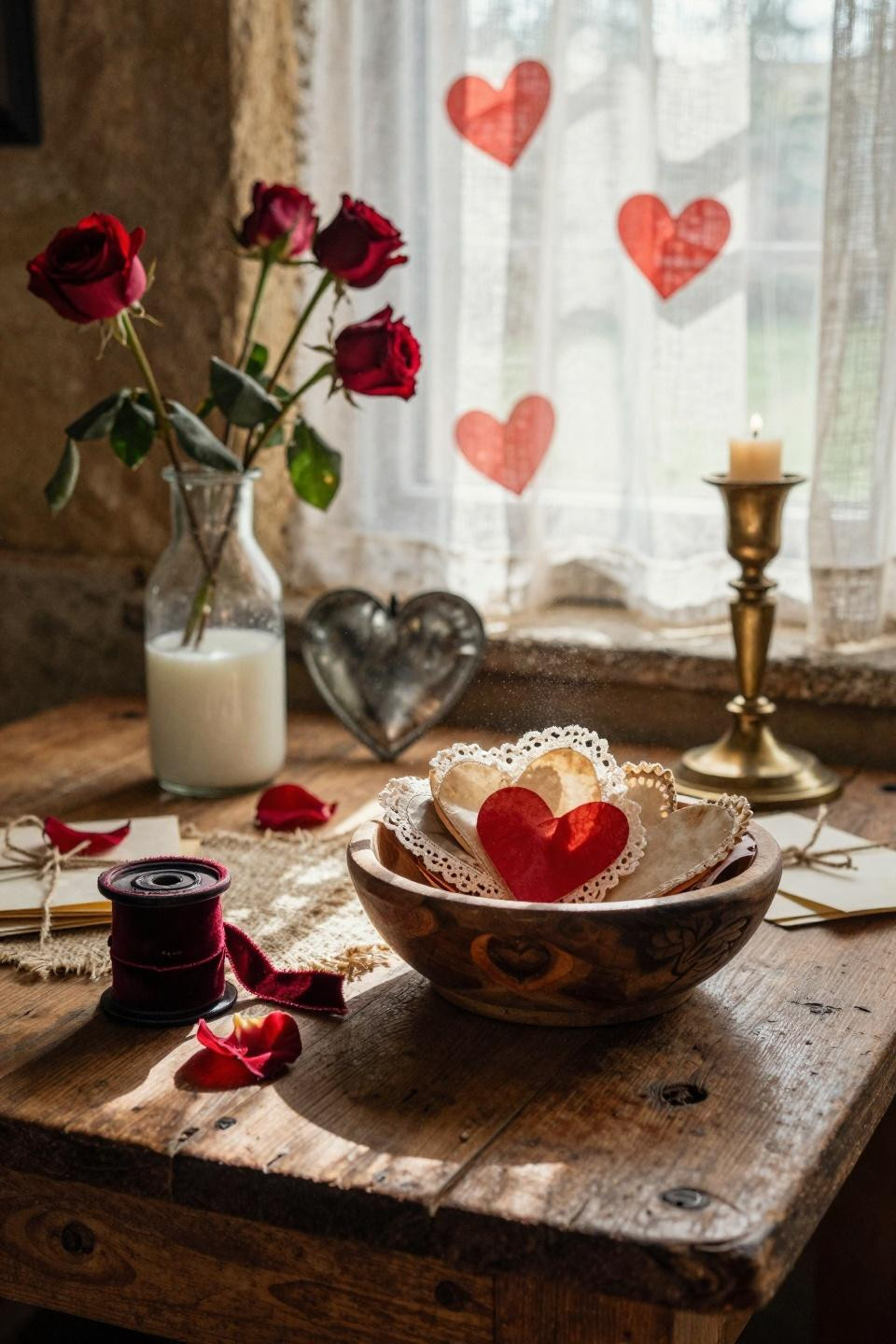 Vintage Valentines decorations with lace and fabric hearts