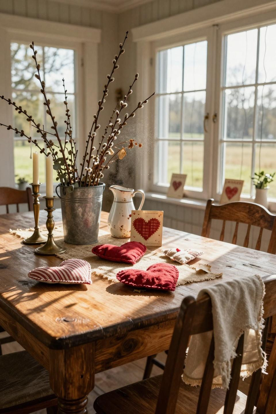 Vintage Valentines decorations in bright sunroom