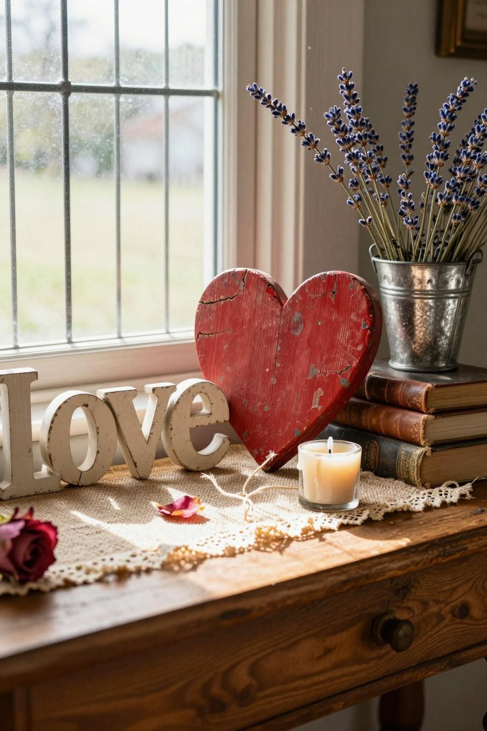 Vintage Valentines decorations on farmhouse console table