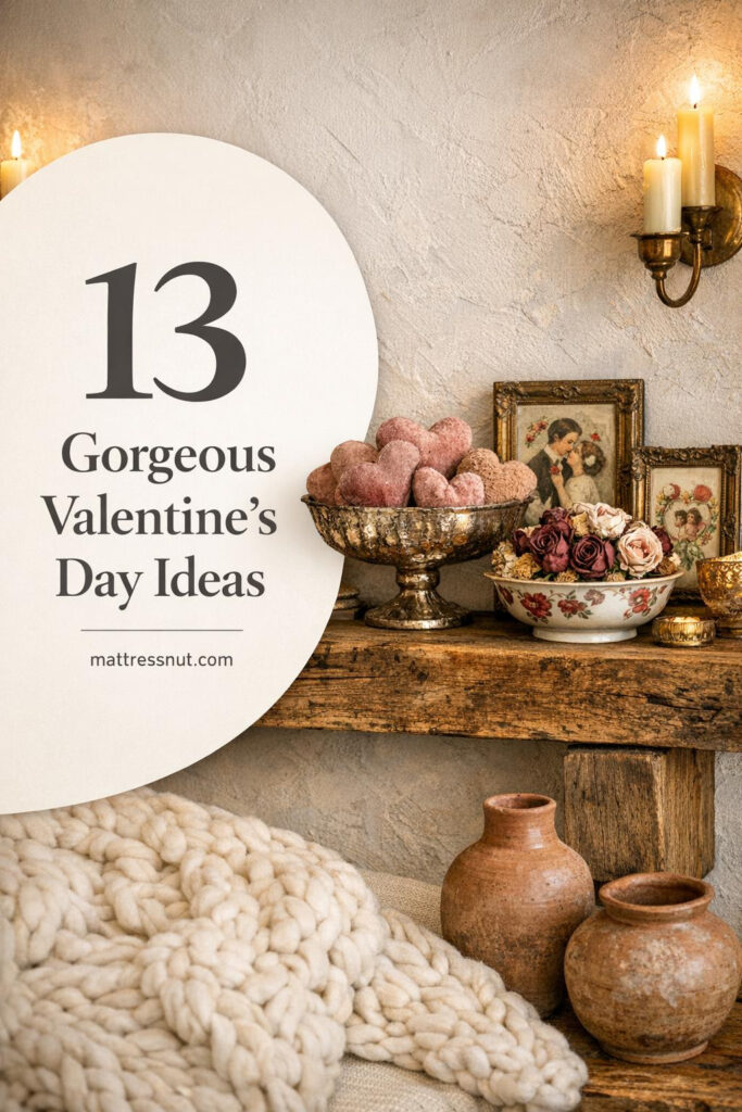 Rustic white oak mantel with mercury glass compote of dusty rose velvet hearts, brass candlesticks, Victorian postcards, dried roses, and cream wool throw