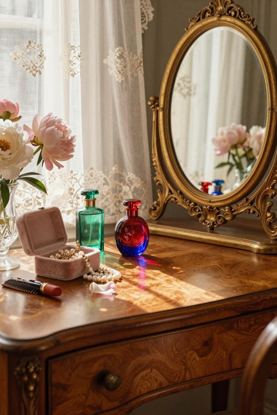 vintage vanity dresser with colorful glass bottles