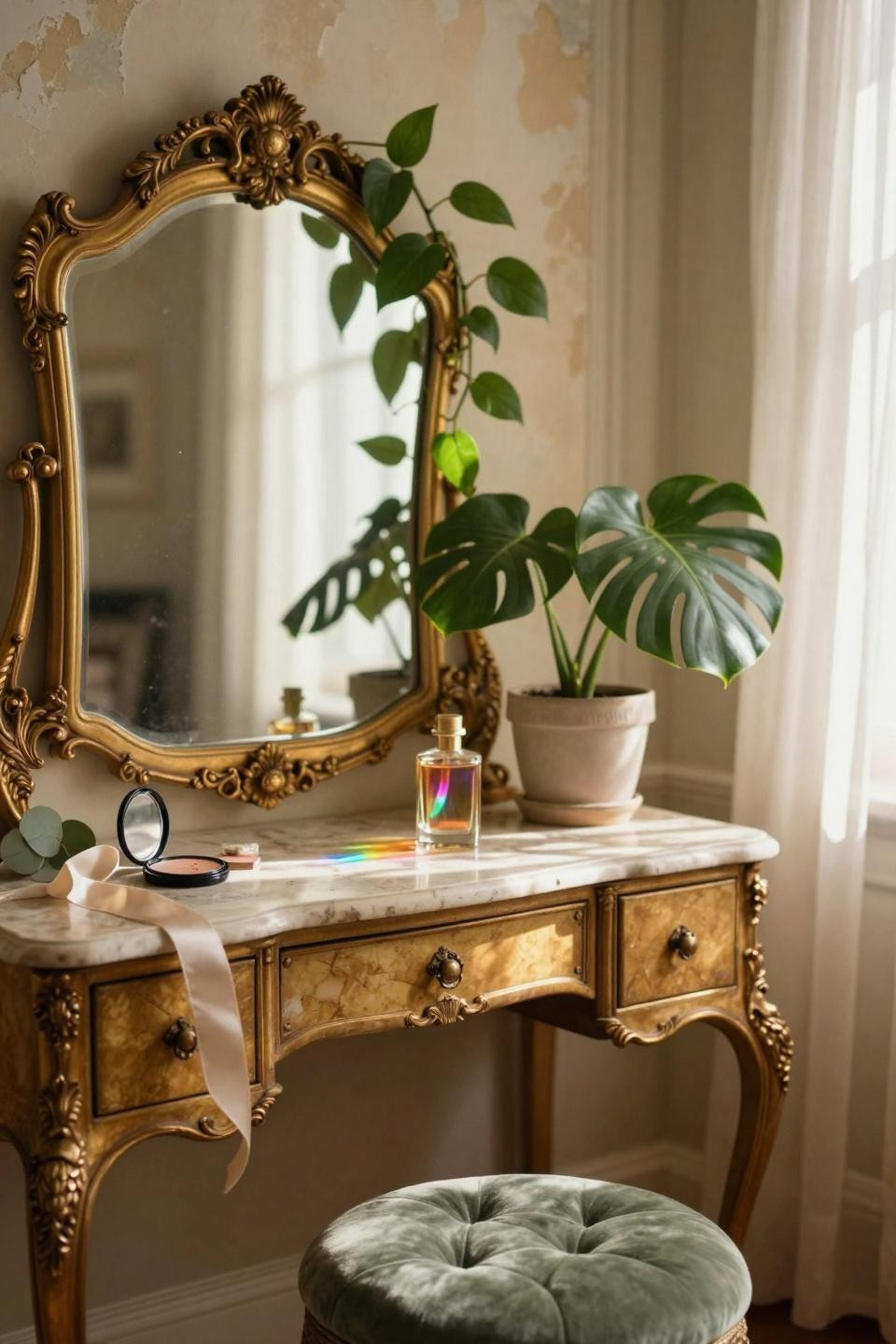 vintage vanity with greenery and plants