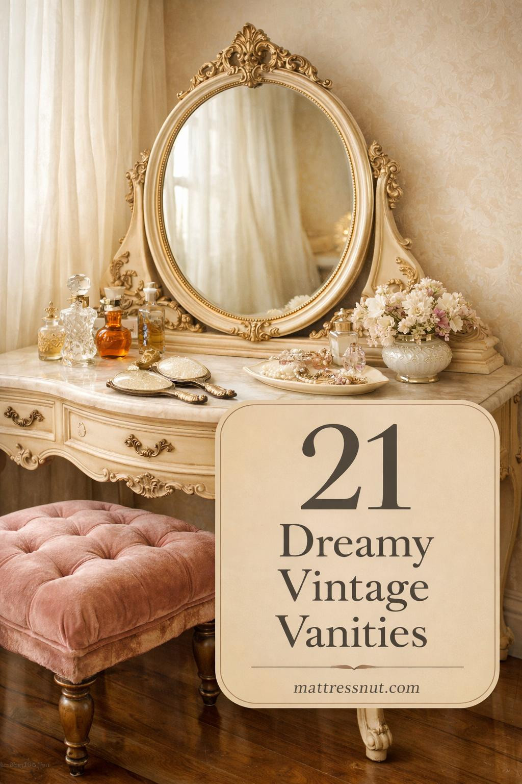 Ornate antique vanity with gilded mirror, velvet stool, and crystal perfume bottles on marble top in elegant bedroom