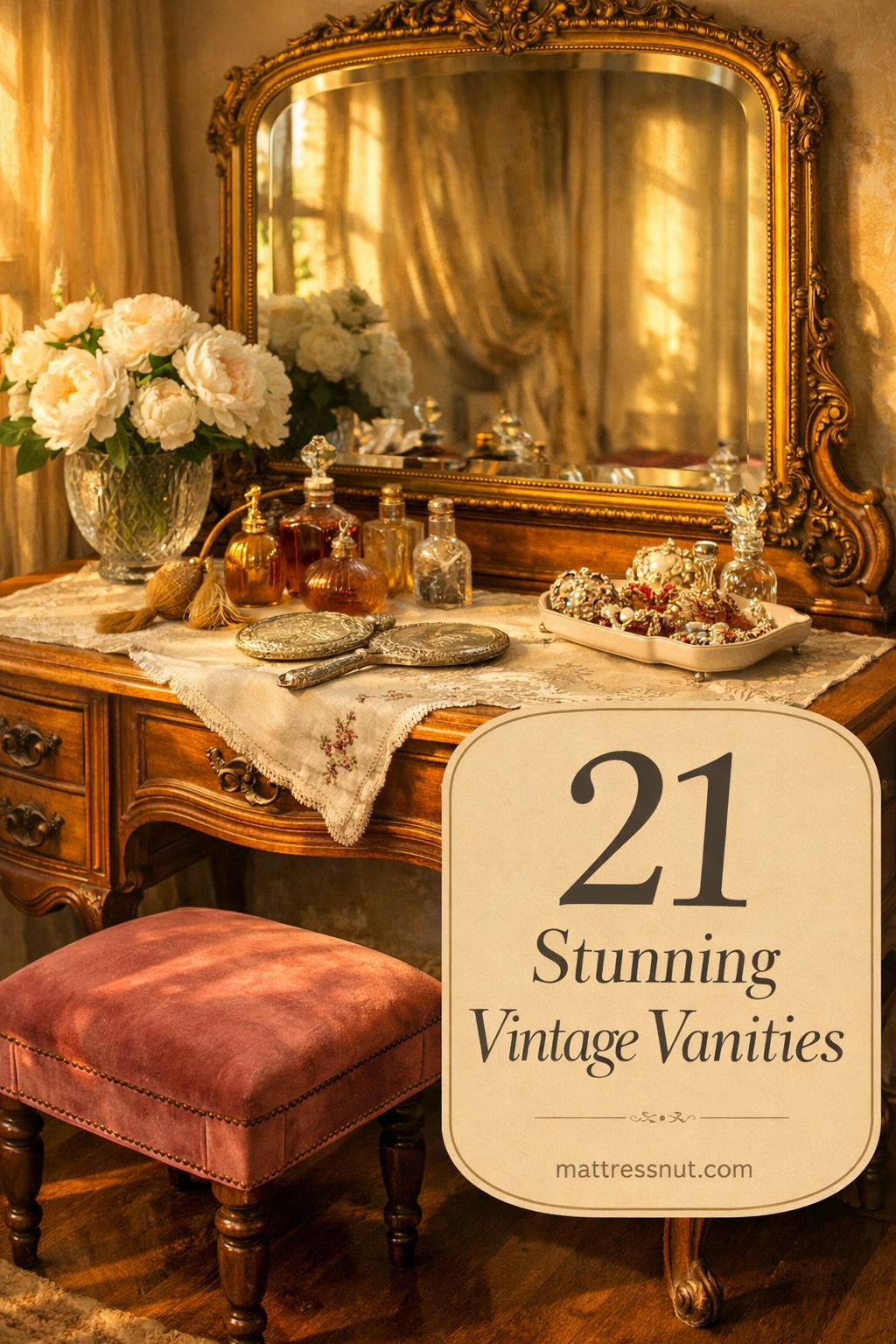 Vintage vanity table with ornate gold mirror, velvet stool, antique perfume bottles, and romantic French-inspired decor