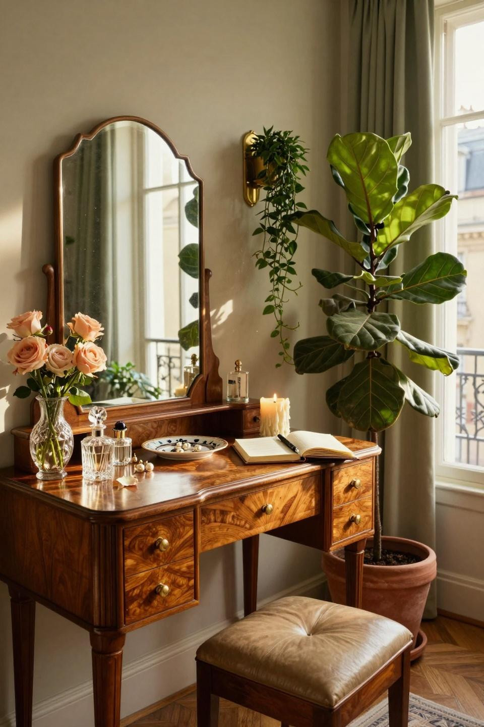 vintage vanity with plants and natural elements