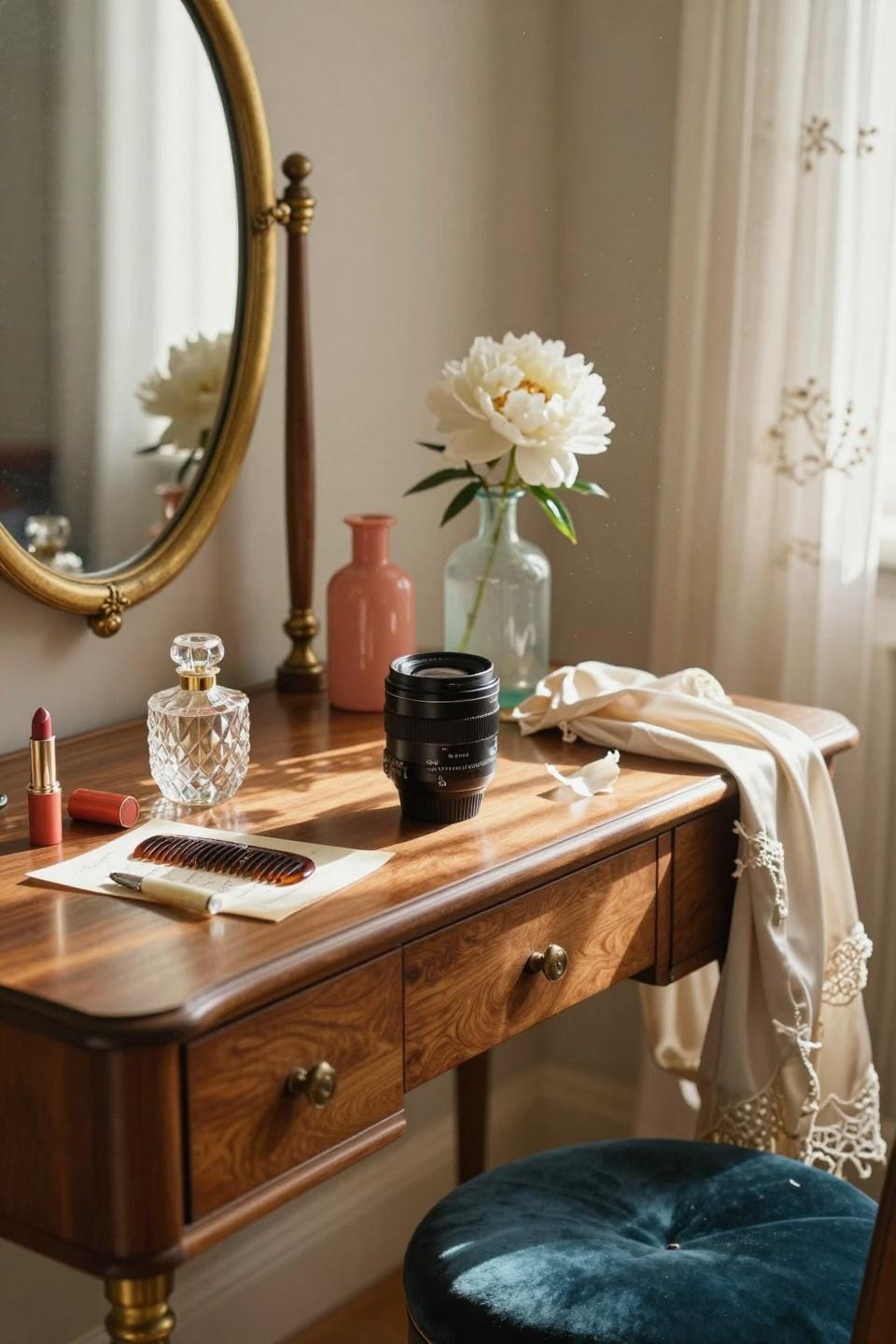 vintage vanity with walnut finish and brass hardware