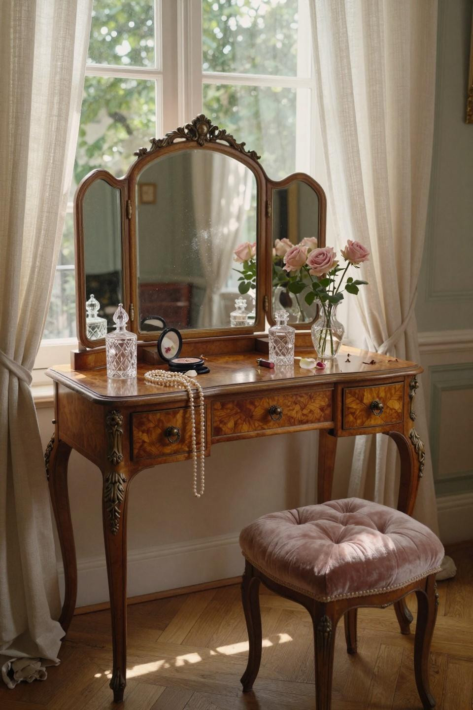 vintage vanity French Empire burled wood