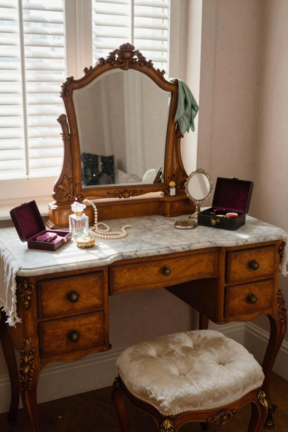vintage vanity with three-panel ornate mirror