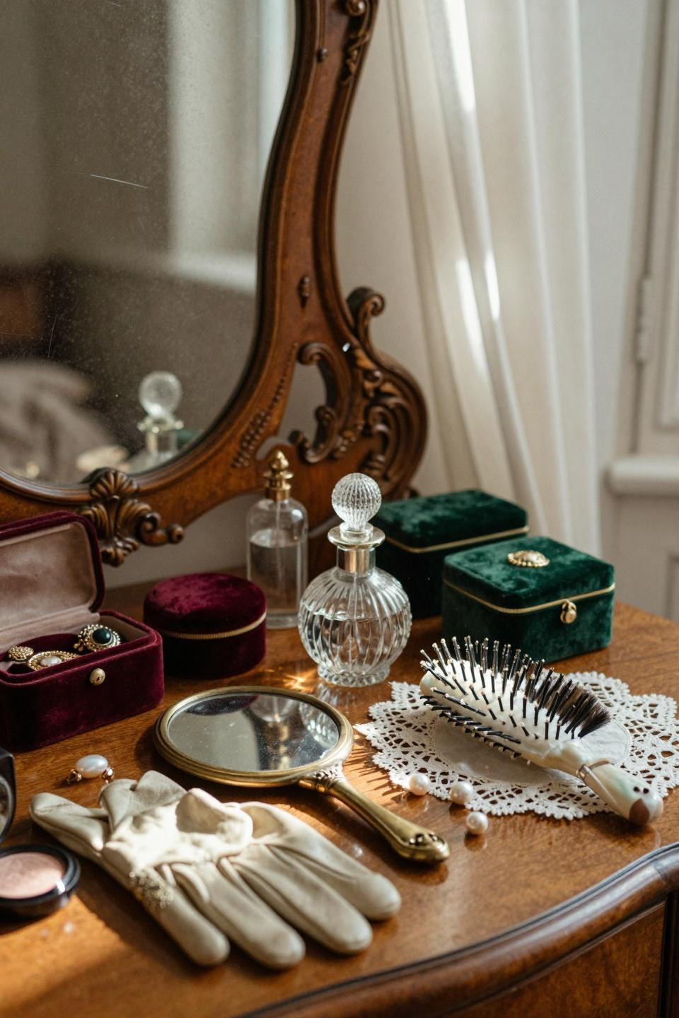 vintage vanity with burgundy and green details