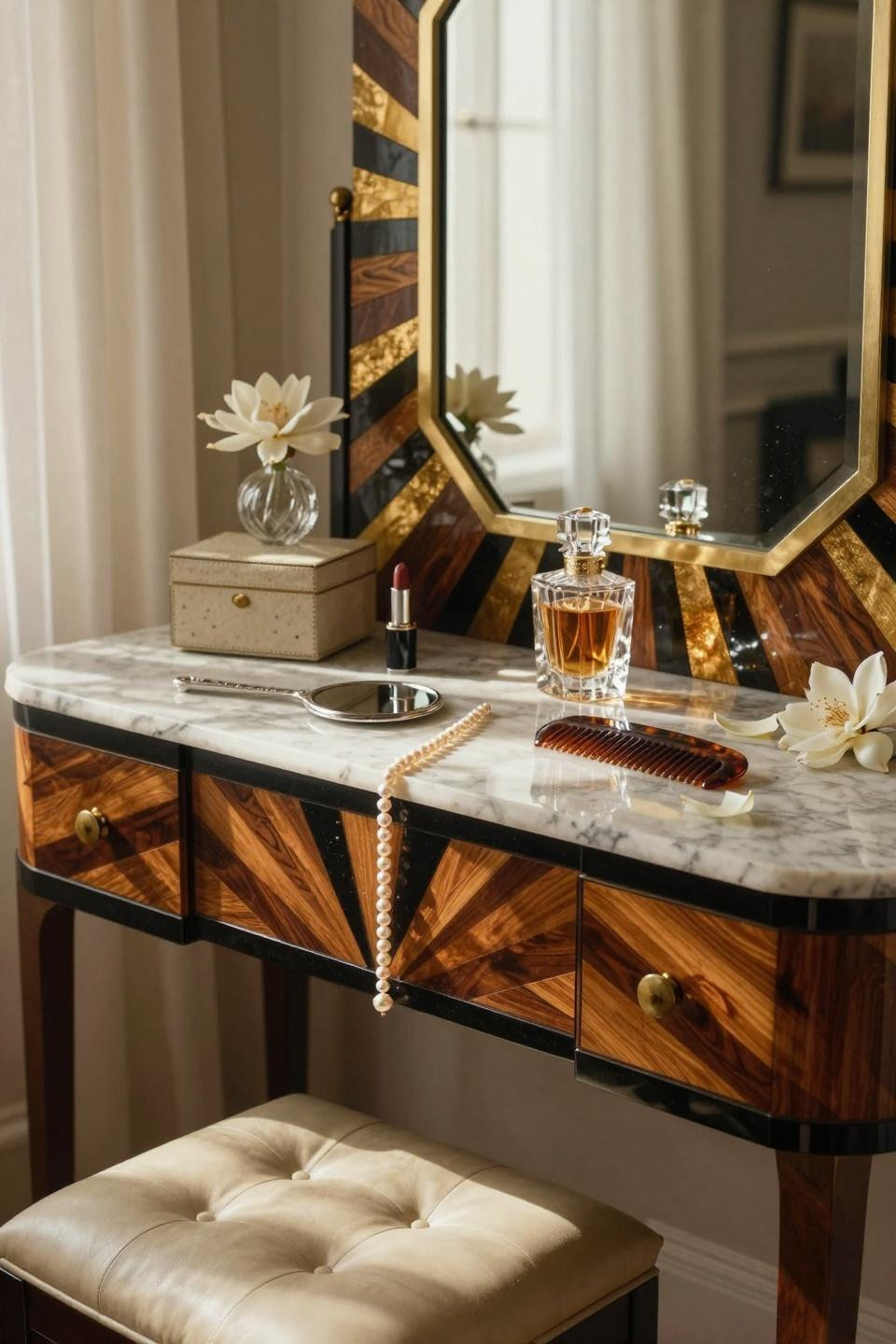 vintage vanity Art Deco inlay details