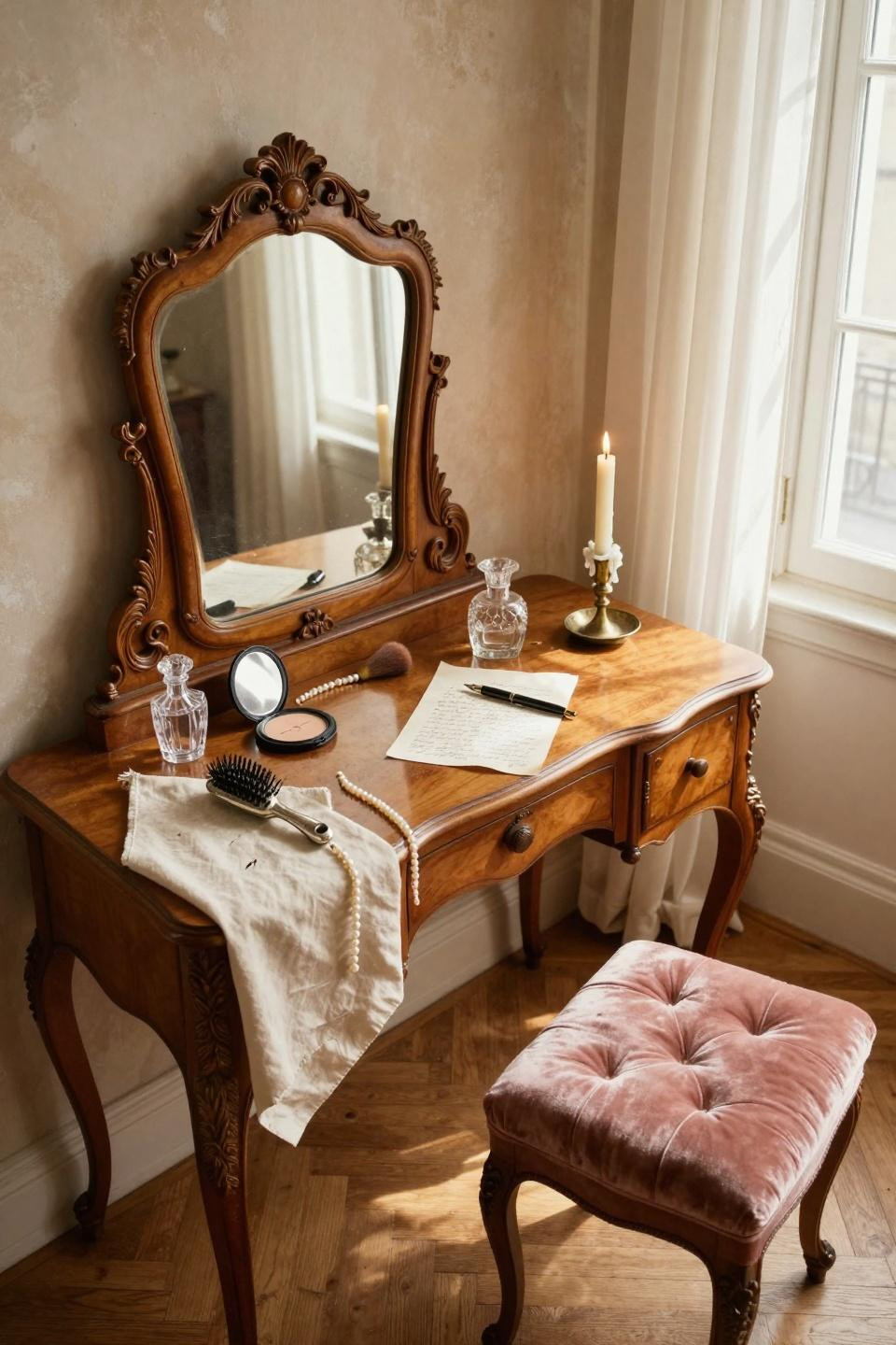 vintage vanity with cream and ivory tones