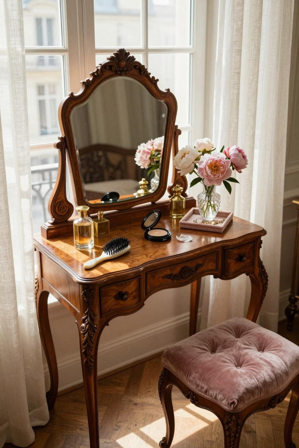 vintage vanity with three-panel mirror