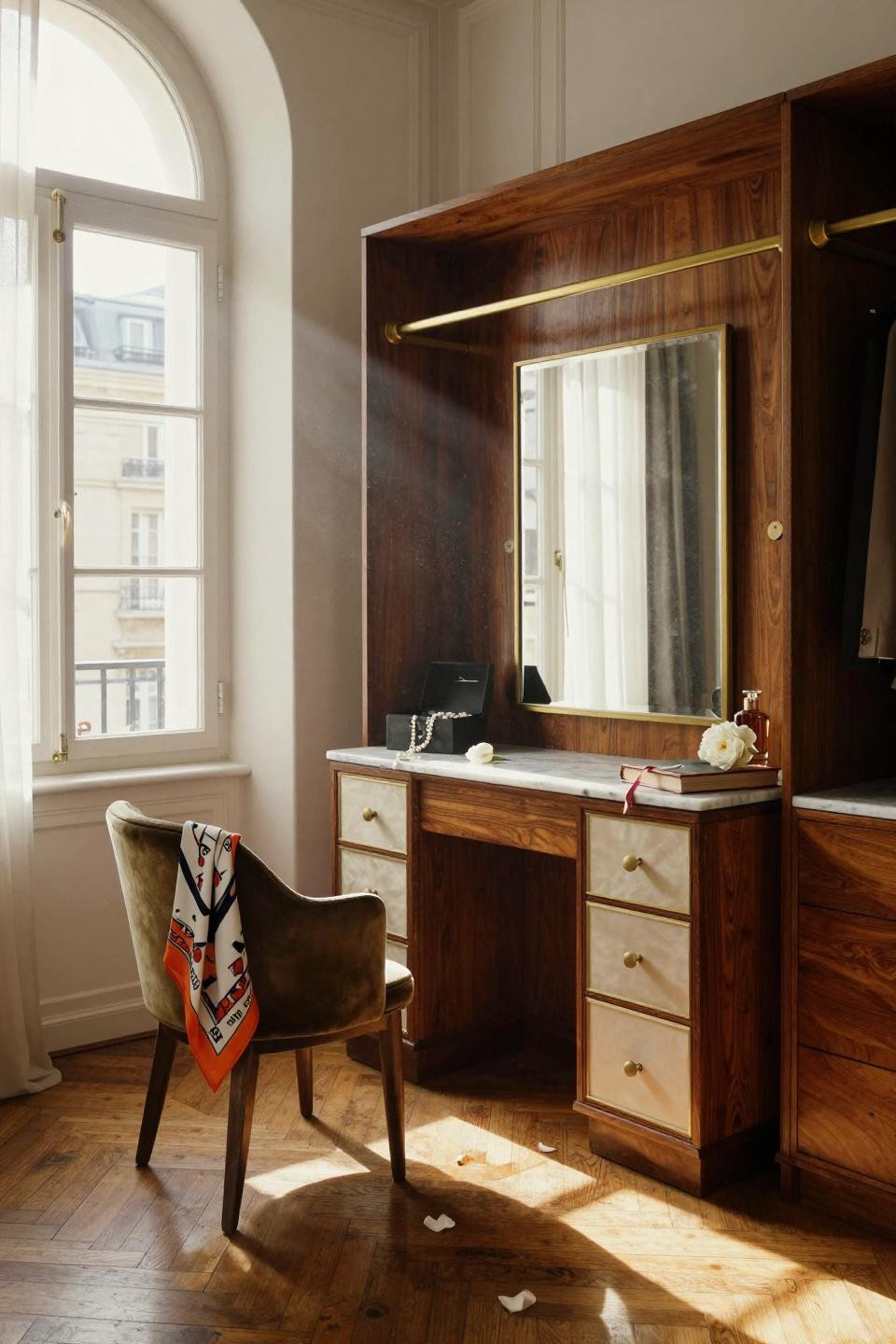 vintage dressing rooms - walnut cabinetry with unlacquered brass clothing rods