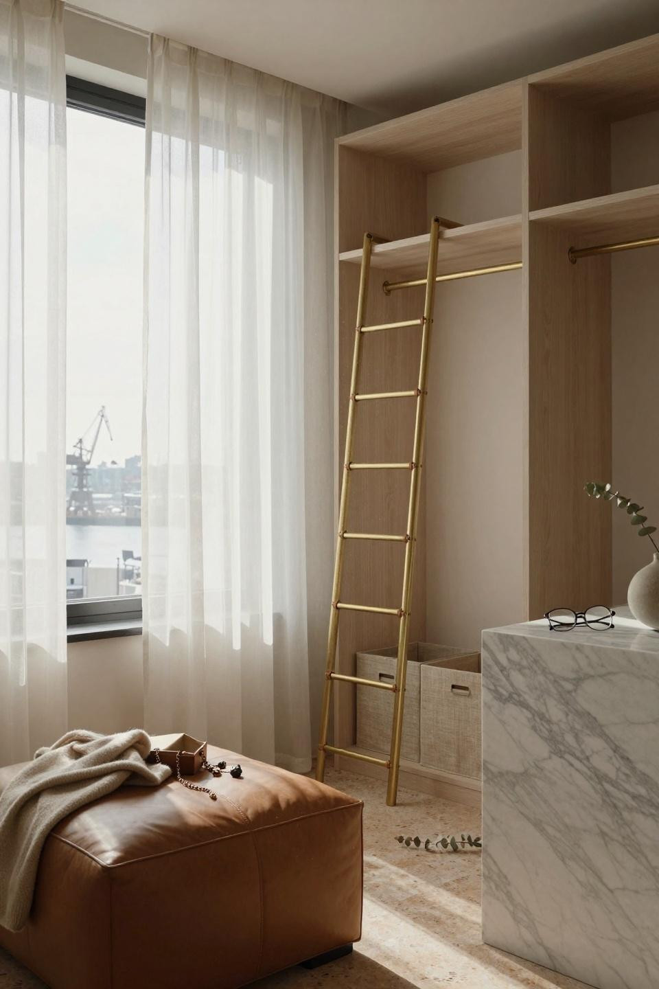 Master closet design with brass ladder rail system and travertine floors