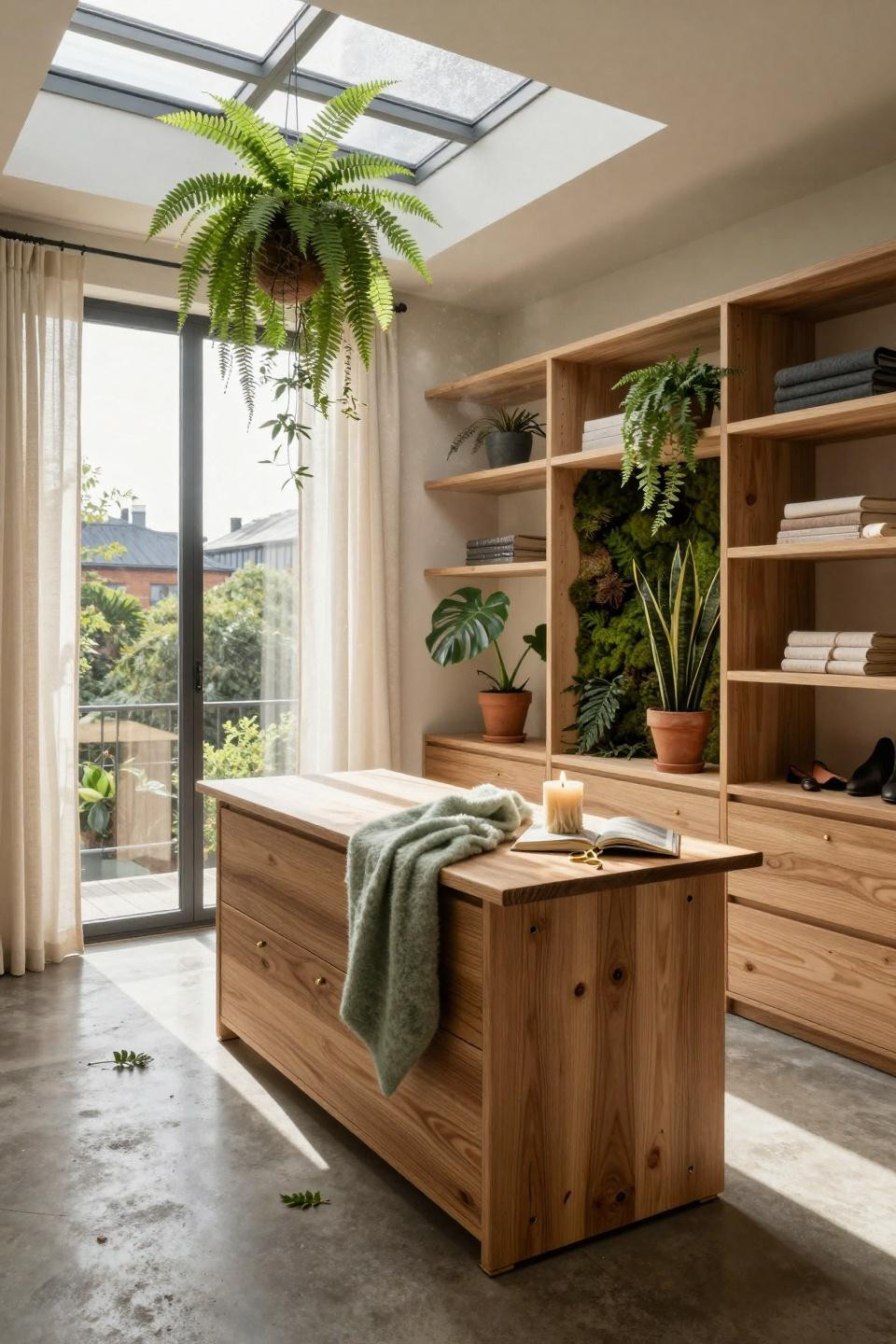 Master closet design with botanical wall installation and teak island