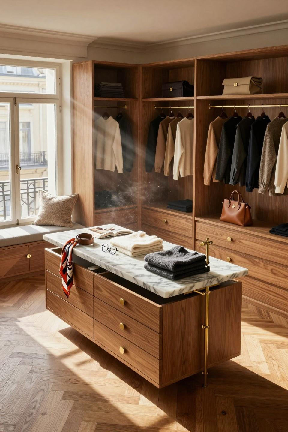 Master closet design featuring herringbone oak floors and marble island