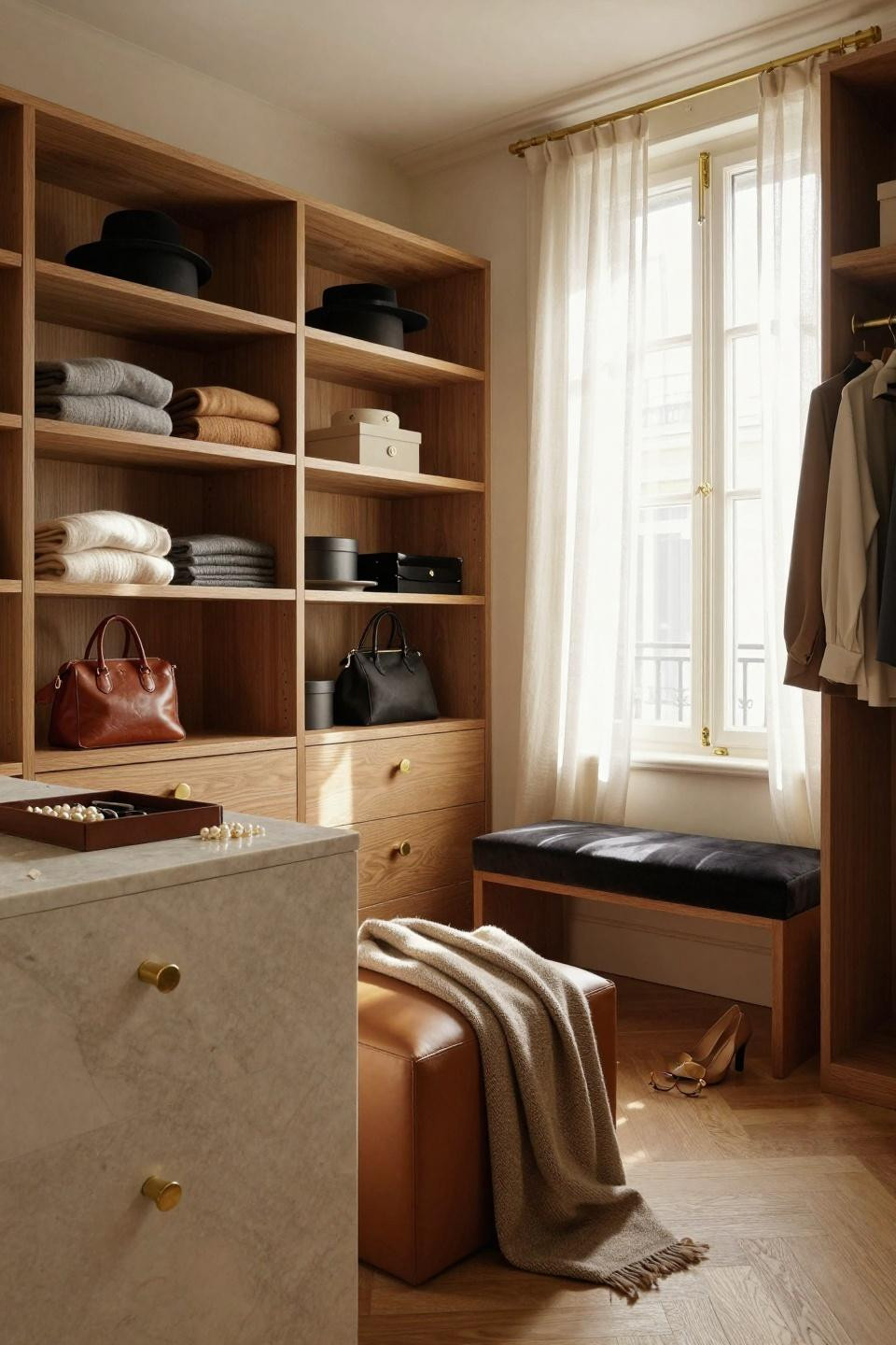 Master closet design in compact Parisian apartment with marble island